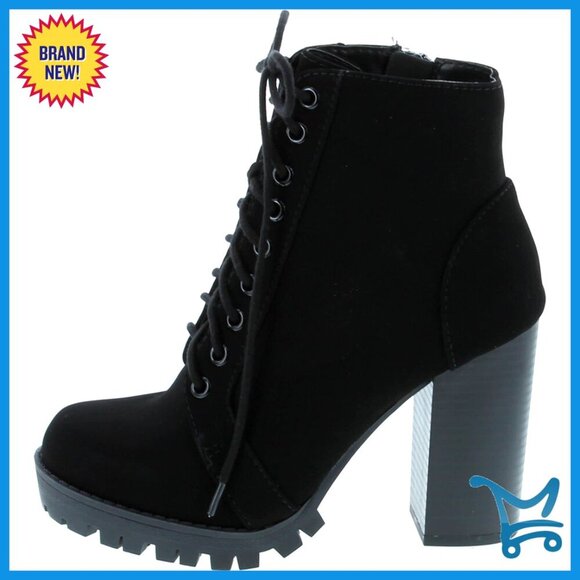 Shoes - Lace Up Ankle Boots with Stacked Heel and Side Zipper